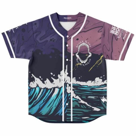 Front view of shark rave baseball jersey with crashing wave print and shark jaw emblem