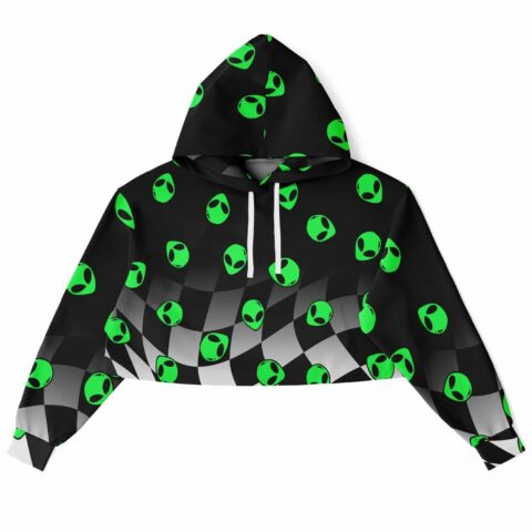 Black cropped hoodie with green alien patterns and fade design