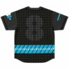Black cross pattern jersey, oversized shadow cross and repeated “+大炎に戻る+” band on the back view
