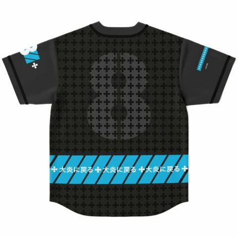 Black cross pattern jersey, oversized shadow cross and repeated “+大炎に戻る+” band on the back view