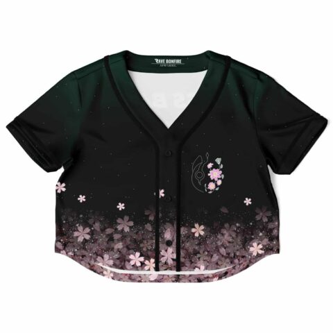 Black cropped baseball jersey with floral and sparkle design