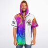 Man wearing melting rainbow hoodie jersey with mushroom skull patch front view