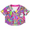 Bright pink Good Vibes rave cropped baseball jersey covered in candy, unicorns and rainbows