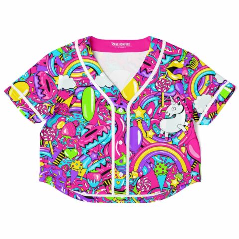 Bright pink cropped baseball jersey with colorful candy-themed design