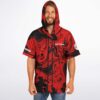 Man wearing red and black marbled swirl hooded jersey with Ray Volpe lettering on chest