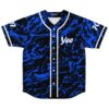 blue and black abstract paint splatter rave baseball jersey with Yee text front view