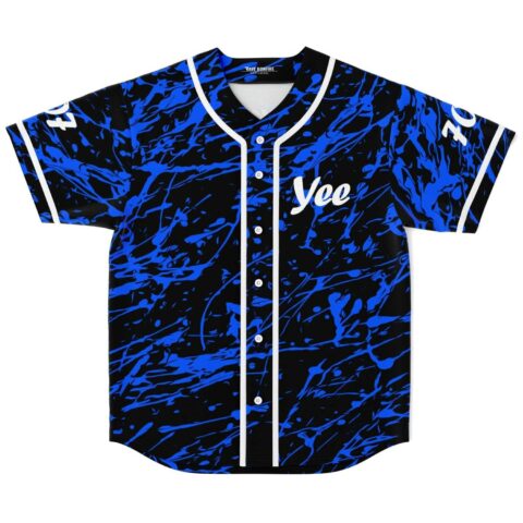 blue and black abstract paint splatter rave baseball jersey with Yee text front view