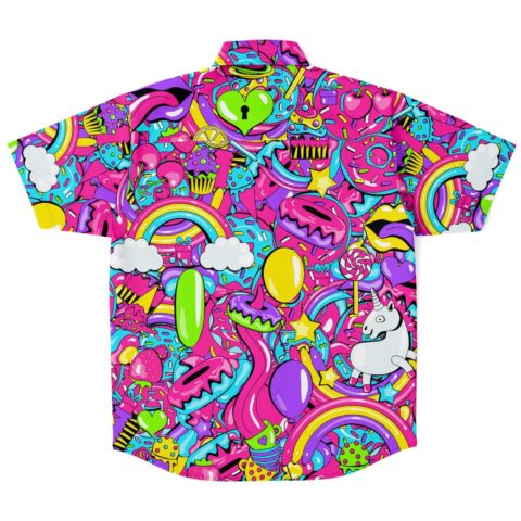 Colorful button-up shirt with donuts, unicorns, and rainbows
