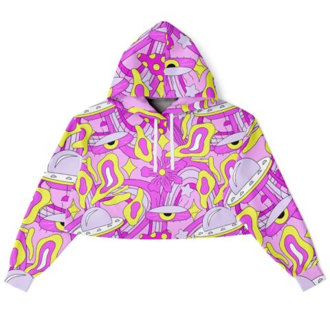 Colorful cropped hoodie with pink and playful graphic design