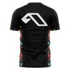ABGT 600 fan rave soccer jersey back view: black with a large white angular emblem across the upper back and folk-art flower panels down both sides
