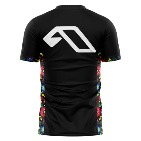 Soccer jersey back view with colorful floral pattern and logo