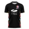 ABGT 600 fan rave soccer jersey front view: black with folk-art flower side panels, a flower-crowned sugar skull with ABGT600 on the right chest and the A State of Trance logo center chest