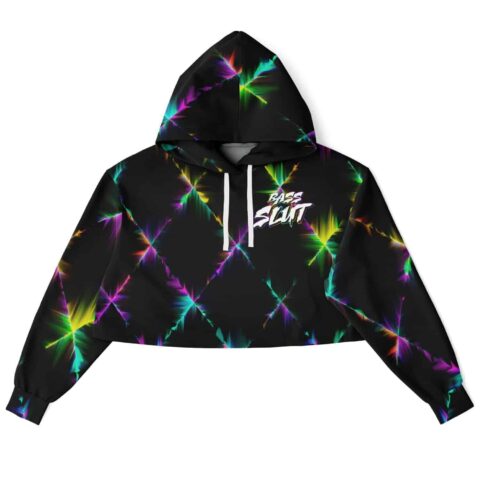 Black cropped hoodie with colorful neon starburst design