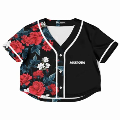Cropped baseball jersey with red roses and black floral design