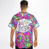 Back view of model wearing hot pink candy collage jersey with oversized GOOD VIBES text