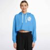 Model wearing blue floral cropped hoodie with relaxed fit