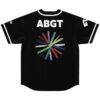 Black white trim rave baseball jersey with colorful design element, back view