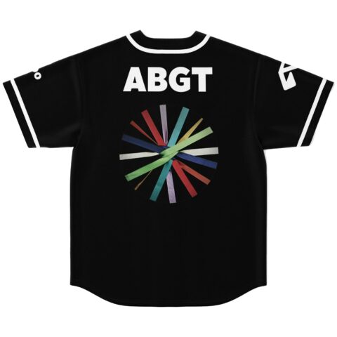 Back view black baseball jersey with colorful design element