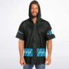 Model wearing hooded baseball jersey showcasing front hood design
