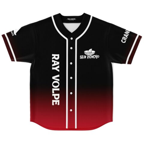 Black-to-red gradient jersey front with white piping, buttons, and sombrero logo reading SAN PENCHO