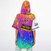 Woman wearing oversized Tape B melting rainbow hooded jersey back view