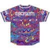 Psychedelic liquid marbled pattern with surreal eyes and white lettering, back view
