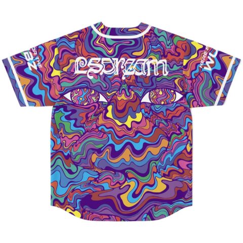Psychedelic liquid marbled pattern with surreal eyes and white lettering, back view