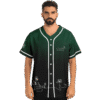 Modeled dark forest jersey front with white piping, hand-drawn flowers, and looping botanical artwork