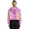 Model in cropped hoodie highlighting playful design, back view