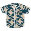 Front view of deep teal cloud swirl pattern with white piping and LEVITY chest lettering