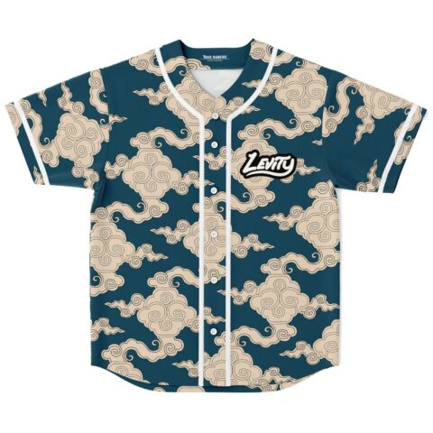 Front view of deep teal cloud swirl pattern with white piping and LEVITY chest lettering