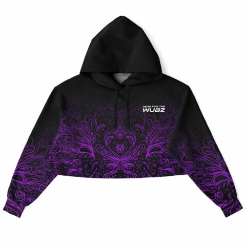 Black cropped hoodie with purple swirl design and graphic