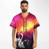 Model wearing fiery sunset galaxy front with white organic silhouette and vivid pink-orange clouds