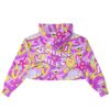 Cropped hoodie with vibrant patterns and text, back view