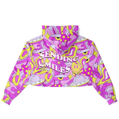 Cropped hoodie with vibrant patterns and text, back view