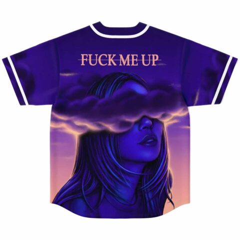 Photographic dusk jersey back view with blue-toned woman portrait, clouds, and “FUCK ME UP” text