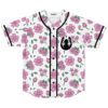 Cherry blossom baseball jersey with pink sakura print and black creature logo, front view