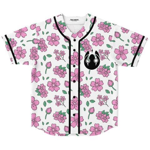 Cherry blossom baseball jersey with pink sakura print and black creature logo, front view