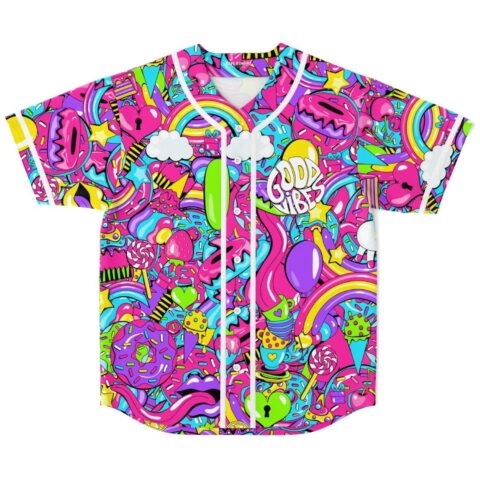 Hot pink candy collage jersey front view with rainbow sweets and GOOD VIBES lettering
