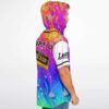 Side view of melting rainbow hooded jersey showing Tape B back print and sleeve logo