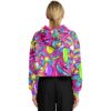 Model wearing colorful trippy cropped hoodie showing fit