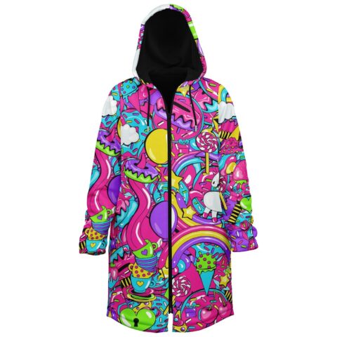 Neon candy collage cloak with donuts, lollipops, rainbows, and sprinkles, front view on white