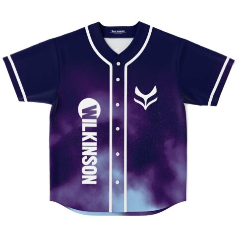 Wilkinson baseball jersey front view showing button placket on deep navy cosmic nebula print