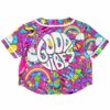 Back of the pink rave cropped baseball jersey with GOOD VIBES in bubble letters