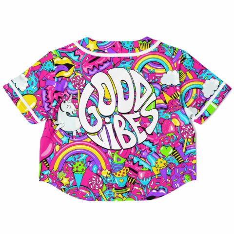 Pink cropped baseball jersey with good vibes text, back view