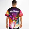 Model showing neon surreal back artwork with glowing figures, cosmic colors, and bright energy burst