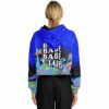Model wearing the bass babe club rave cropped hoodie, back view with Bass Babe Club lettering
