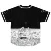 Black jersey back with monochrome astronaut pathway artwork in a flat lay