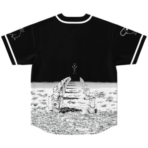 Black jersey back with monochrome astronaut pathway artwork in a flat lay