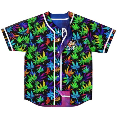 Colorful leaf pattern on black reversible baseball jersey